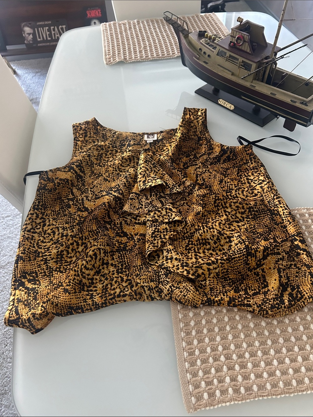 Anne Klein Mustard Yellow and Black Animal Print Ruffle Sleeveless Blouse